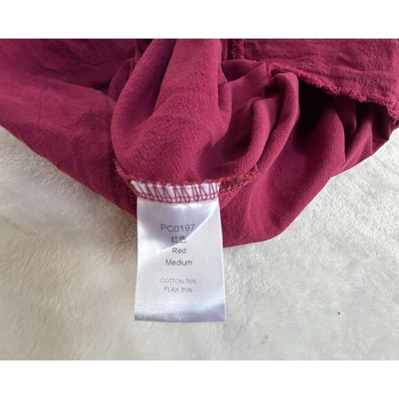 Women's Sleeveless Cotton Flax Blend Top Medium Red Raw Trim Button Neck Casual - Picture 3 of 7